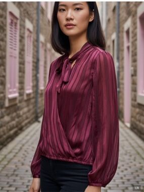 Guess Burgundy Sheer Tonal Striped Faux Wrap Tie Neck Blouse